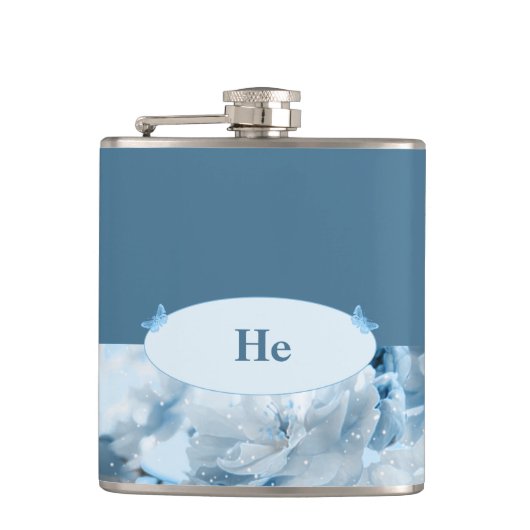 Einladung zur Hochzeitsfeier mit blauer Blume Flachmann (Vorderseite)