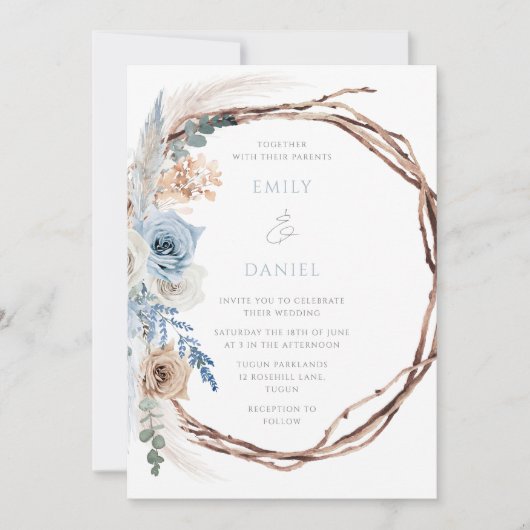 Einladung zur Hochzeitsfeier mit Bohemischer Blaue (Vorderseite)