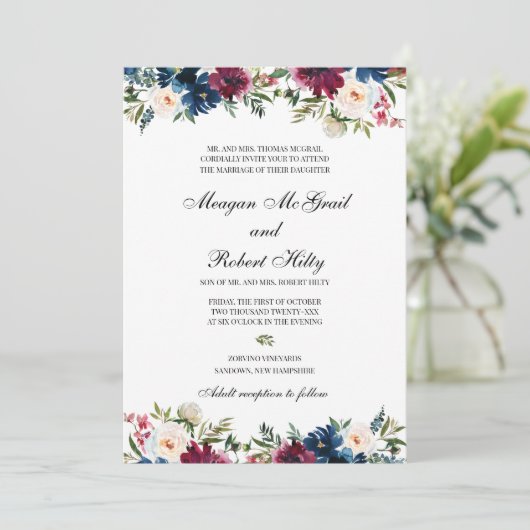 Einladung zur Hochzeitsfeier mit Burgunder Wasserf (Stehend Vorderseite)