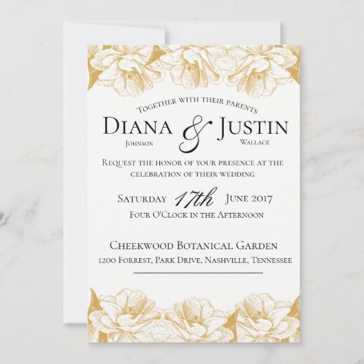 Einladung zur Hochzeitsfeier mit Gold Floral (Vorderseite)