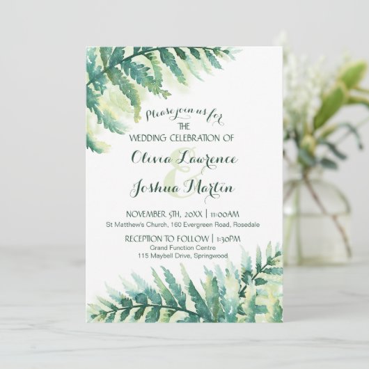Einladung zur Hochzeitsfeier mit grünem Blattwerk (Stehend Vorderseite)