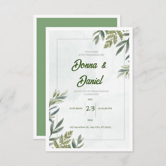 Einladung zur Hochzeitsfeier mit grüner Blume (Vorne/Hinten)