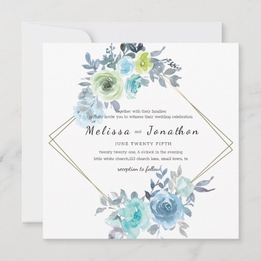 Einladung zur Hochzeitsfeier mit hellblauer Gelbgr (Vorderseite)