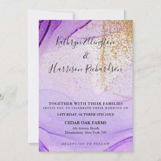 Einladung zur Hochzeitsfeier mit lila Gold Vintag (Vorderseite)