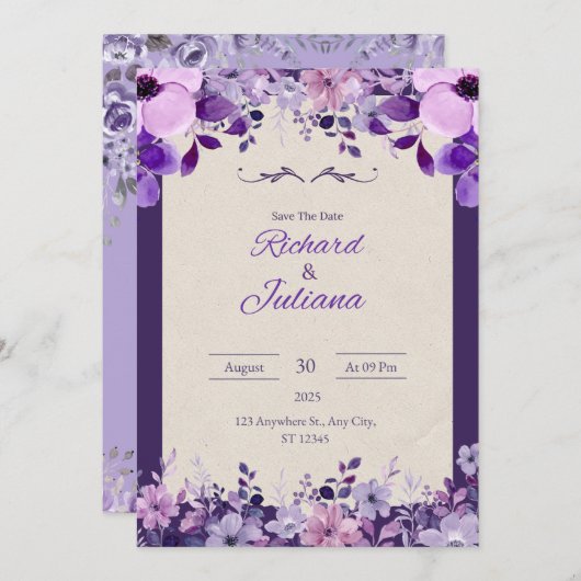 Einladung zur Hochzeitsfeier mit Lila Rosa (Vorne/Hinten)