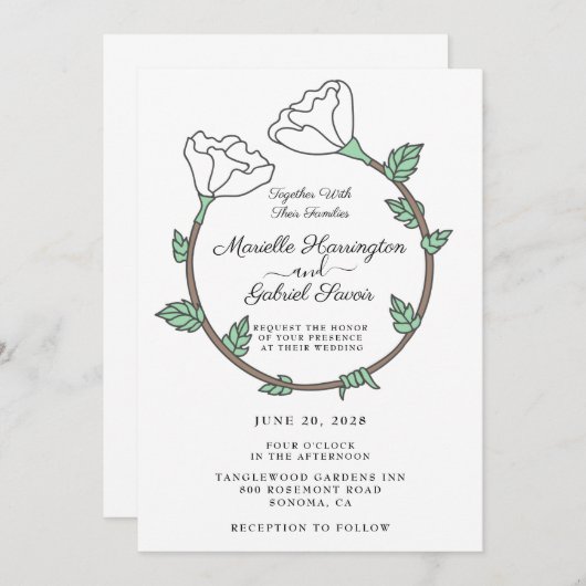 Einladung zur Hochzeitsfeier mit weißer Blume (Vorne/Hinten)