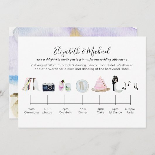 Einladung zur illustrierten Hochzeit am Strand (Vorne/Hinten)