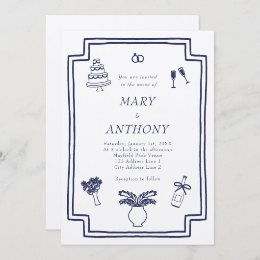 Einladung zur Illustrierten Hochzeit von Hand (Vorne/Hinten)