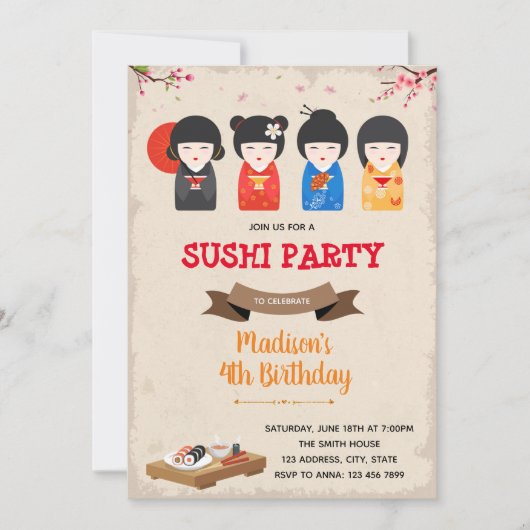 Einladung zur japanischen Puppe und Sushi (Vorderseite)