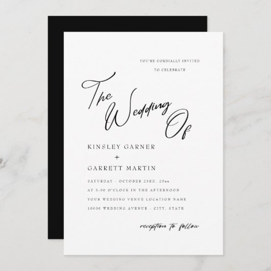 Einladung zur Kalligraphie Schwarz & Weiß Hochzeit (Vorne/Hinten)