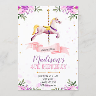 Einladung zur Karussellparty mit violetten Blumen