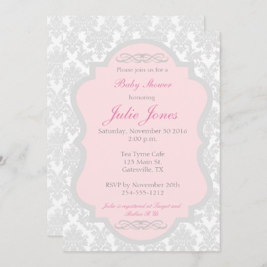 Einladung zur Kinderdusche in Pink und Gray Damask (Vorne/Hinten)