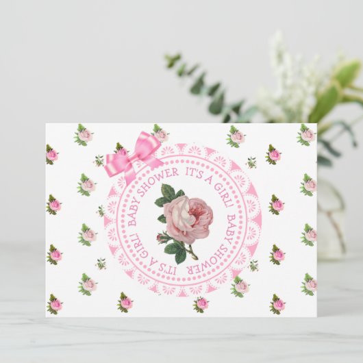 Einladung zur Kinderdusche in Rosa und Weiße Rosen (Stehend Vorderseite)