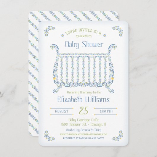 Einladung zur Kinderdusche - Lacy Crib - Blau (Vorne/Hinten)