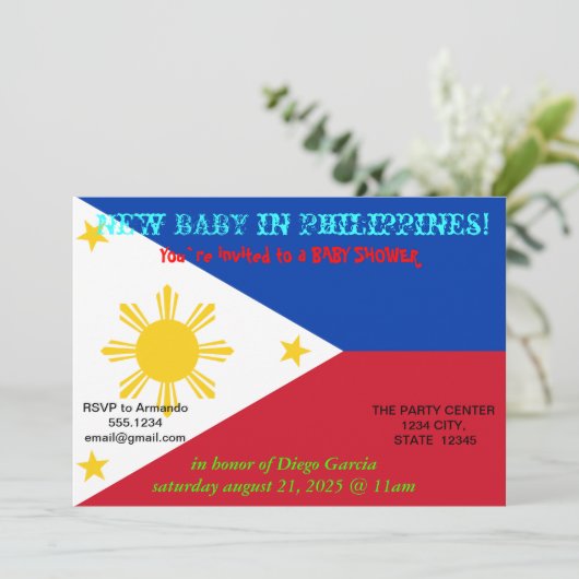 Einladung zur Kinderdusche mit der Flagge der Phil (Stehend Vorderseite)