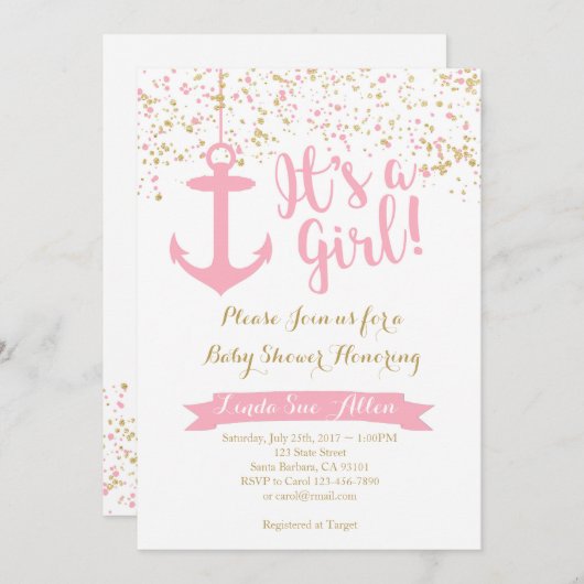 Einladung zur Kinderdusche - Rosa und Gold (Vorne/Hinten)