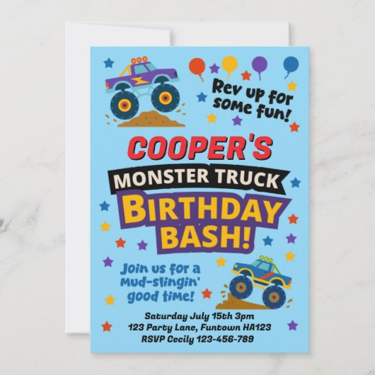 Einladung zur Kindergeburtstagsfeier mit Monstertr (Vorderseite)