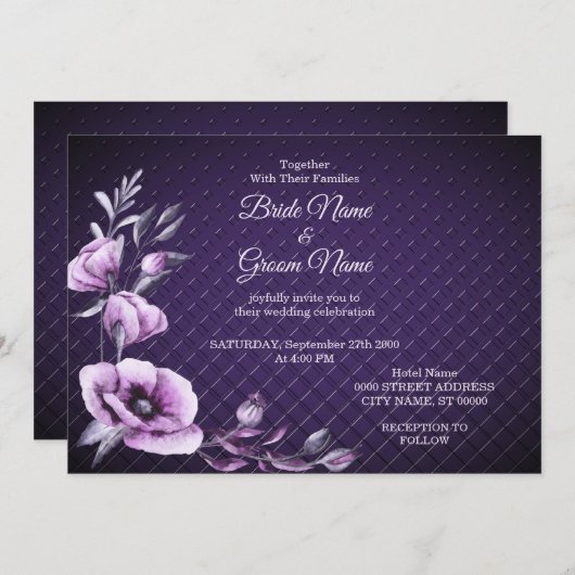 Einladung zur lila blumengeschmückten Hochzeit (Vorne/Hinten)