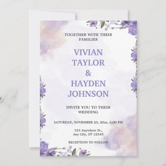 Einladung zur Lila Blumenhochzeit (Vorderseite)