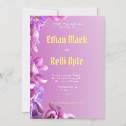 Einladung zur lila Blumenhochzeit (Vorderseite)