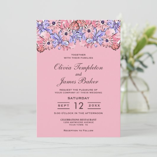 Einladung zur Lila Blumenhochzeit in Rosa (Stehend Vorderseite)