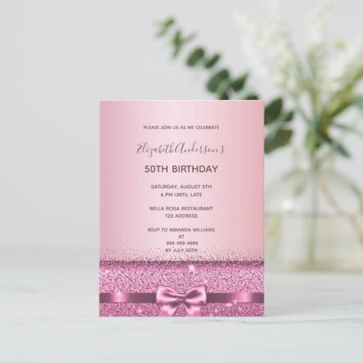 Einladung zur lila Bugbeugung in Rosa Postkarte (Stehend Vorderseite)