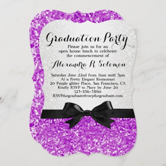 Einladung zur lila Glittery Bow Graduation Party (Vorne/Hinten)