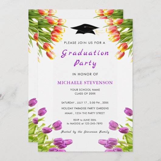 Einladung zur lila Red Tulips Graduation Party (Vorne/Hinten)