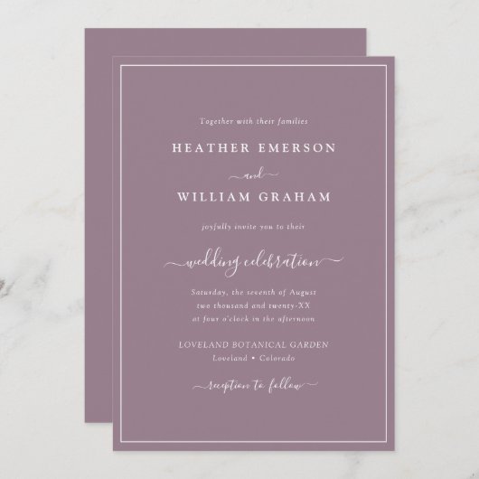 Einladung zur lila Skripthochzeit (Vorne/Hinten)