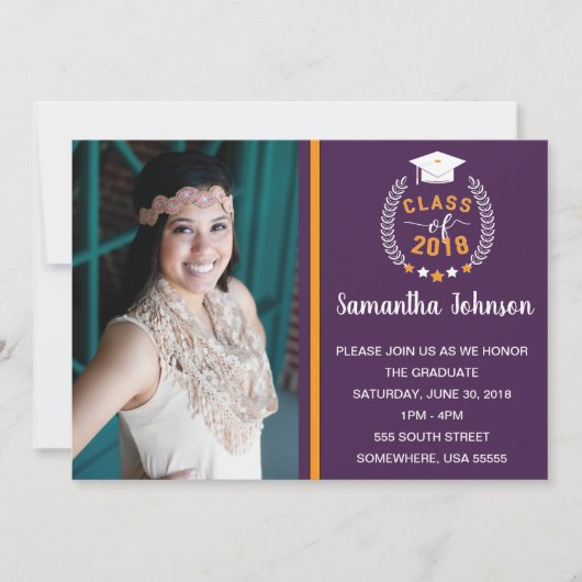 Einladung zur lila und gelben Graduiertenparty (Vorderseite)