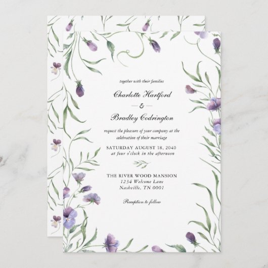 Einladung zur lila Whimsical Floral Wedding (Vorne/Hinten)