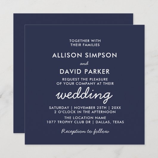 Einladung zur Minimalistischen Hochzeit in Navy Wh (Vorne/Hinten)