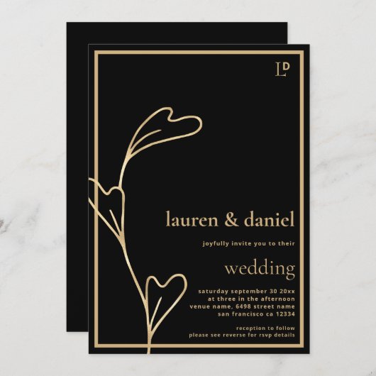 Einladung zur Minimalistischen Schwarz-Gold-Hochze (Vorne/Hinten)