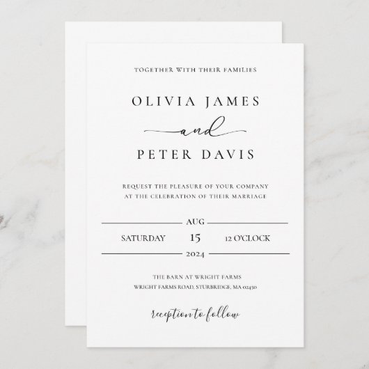 Einladung zur Minimalistischen Schwarz-Weiß-Hochze (Vorne/Hinten)