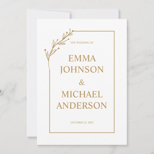 Einladung zur Minimalistischen White & Gold Hochze (Vorderseite)