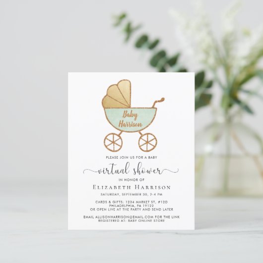 Einladung zur Mint Green Virtual Baby Dusche (Stehend Vorderseite)