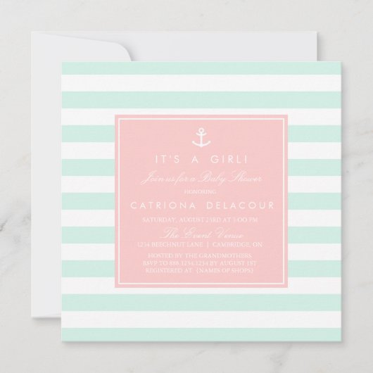 Einladung zur Minze and Pink Nautical Baby Dusche (Vorderseite)