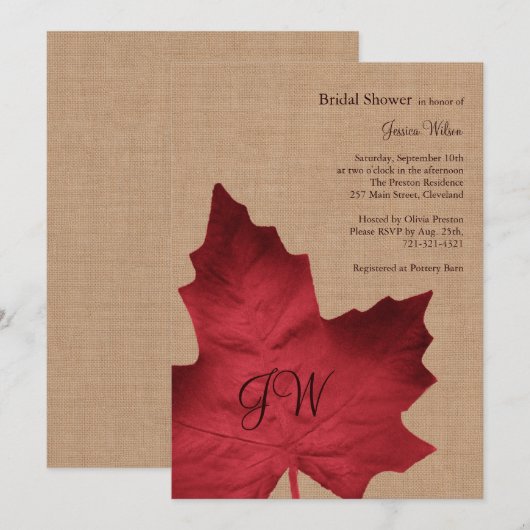 Einladung zur Mit Monogramm Brautdusche Red Burlap (Vorne/Hinten)