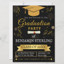 Einladung zur modernen Black and Gold Graduation P