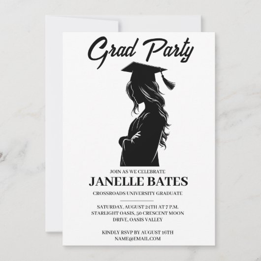 Einladung zur modernen Schwarz-Weiß-Abschlussfeier (Vorderseite)