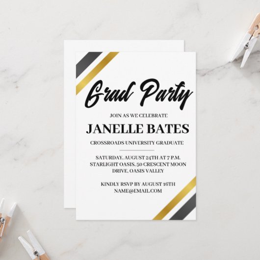 Einladung zur modernen Schwarz-Weiß-Abschlussfeier (Vorderseite/Rückseite Beispiel)