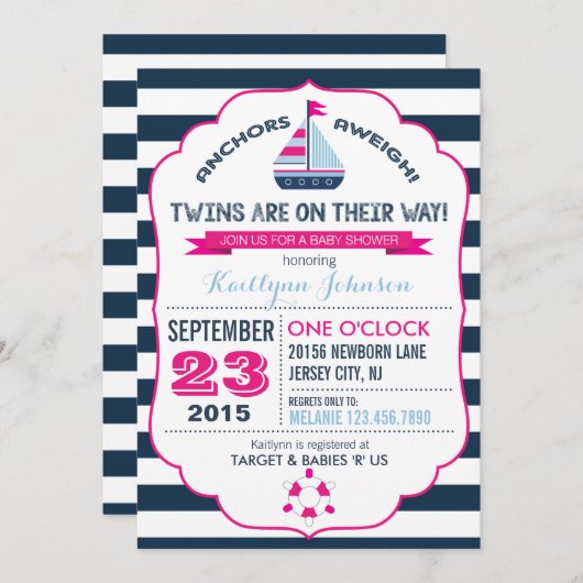 Einladung zur Nautic Anchor and Stripe Baby Dusche (Vorne/Hinten)