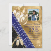 Einladung zur Navy Blue & Gold Foto Graduation Par (Vorderseite)