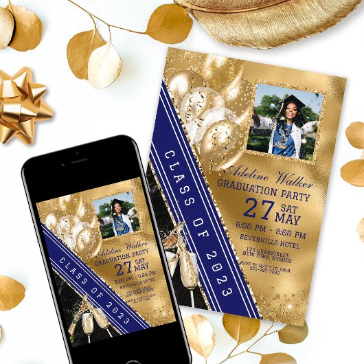 Einladung zur Navy Blue & Gold Foto Graduation Par