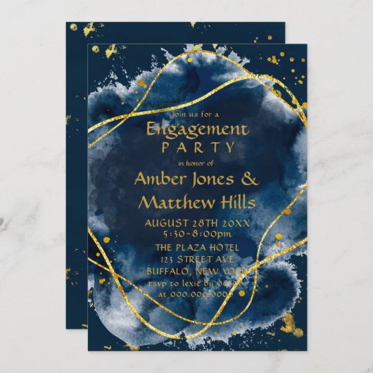 Einladung zur Navy Blue Paint Gold Engagement Part (Vorne/Hinten)