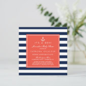 Einladung zur Navy und Coral Nautical Baby Shower (Stehend Vorderseite)