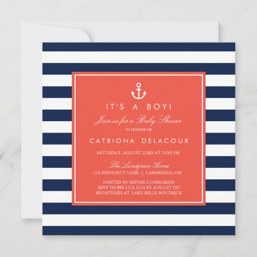 Einladung zur Navy und Coral Nautical Baby Shower (Vorderseite)
