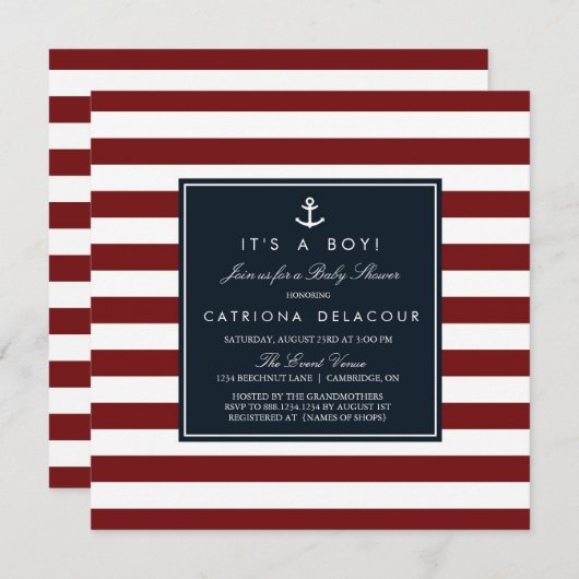 Einladung zur Navy und Red Nautical Baby Shower (Vorne/Hinten)