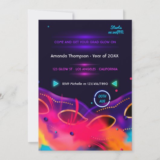 Einladung zur Neon Glow Graduation Party (Vorderseite)
