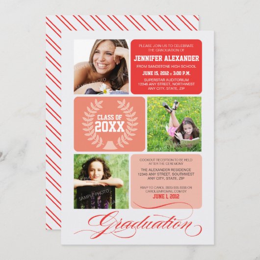 Einladung zur Ombre Blocks Graduation Party (rot) (Vorne/Hinten)